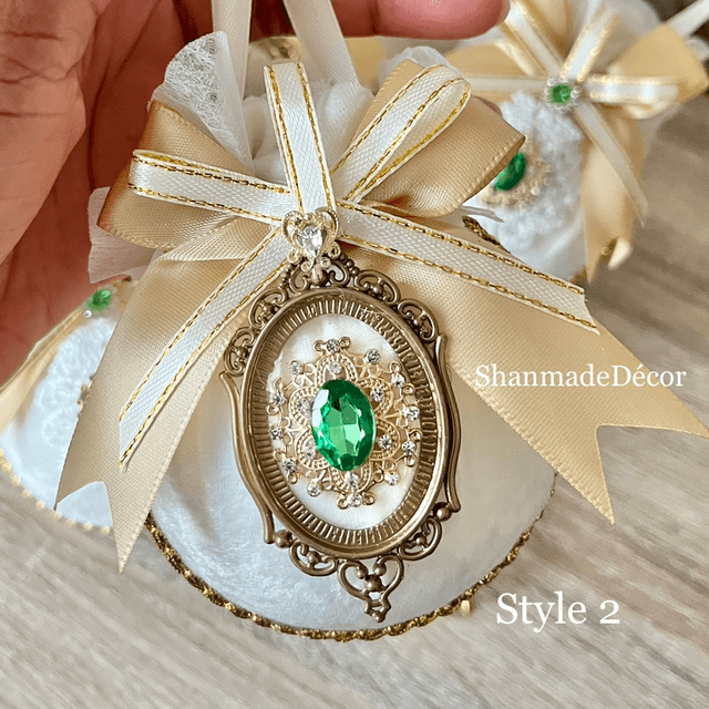 Green & White Velvet Bauble Ornaments
