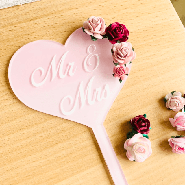 Mr & Mrs Heart Acrylic Cake Topper Pink