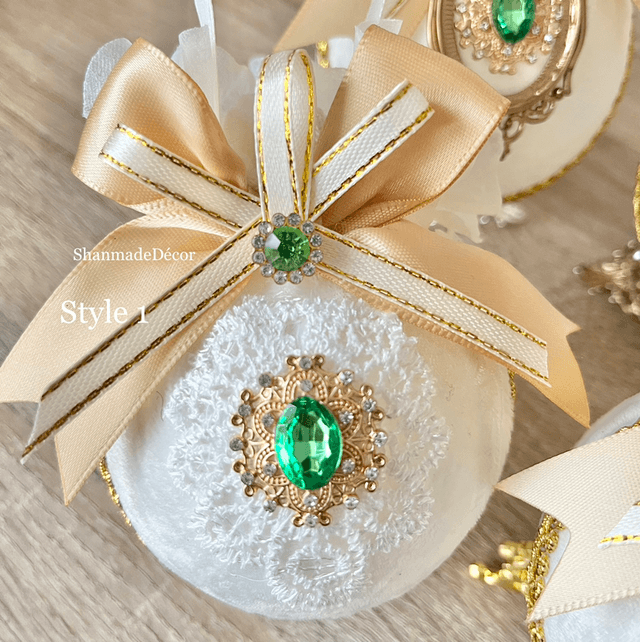 Green & White Velvet Bauble Ornaments