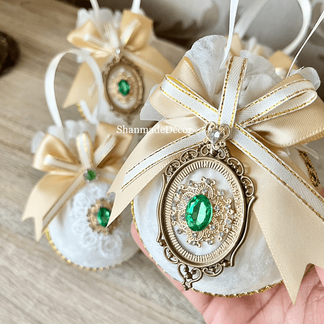 Green & White Velvet Bauble Ornaments
