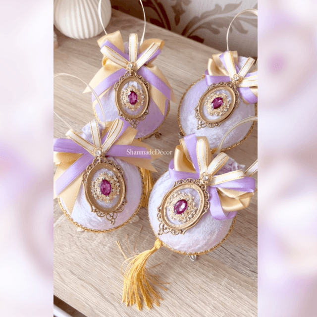 Lilac &amp; Gold Velvet Bauble Ornaments